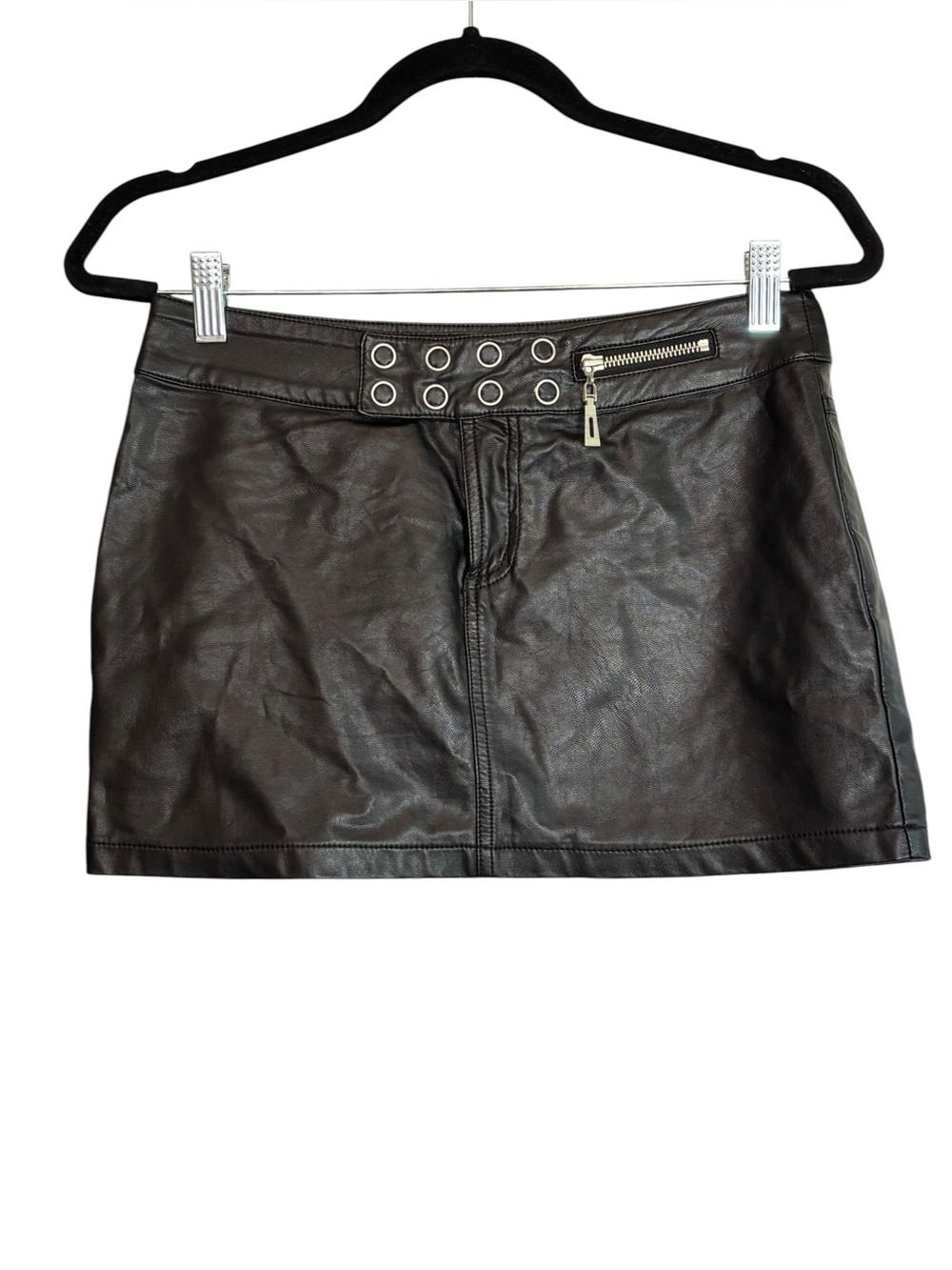 I.AM.GIA Black Faux Leather Mini Skirt Silver Grommet Zip Size Small
